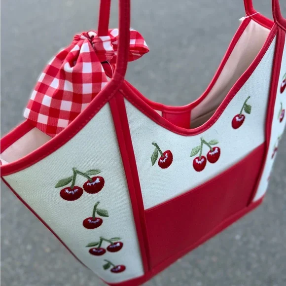 Steve Madden Cherry Red Gingham Scarf Bow Cream denim Tote Bag satchel Purse - Picture 9 of 9
